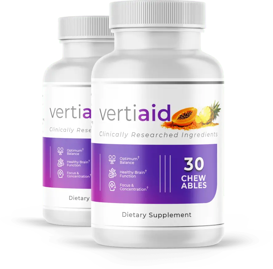 Two VertiAid bottles showing the chewable balance formula